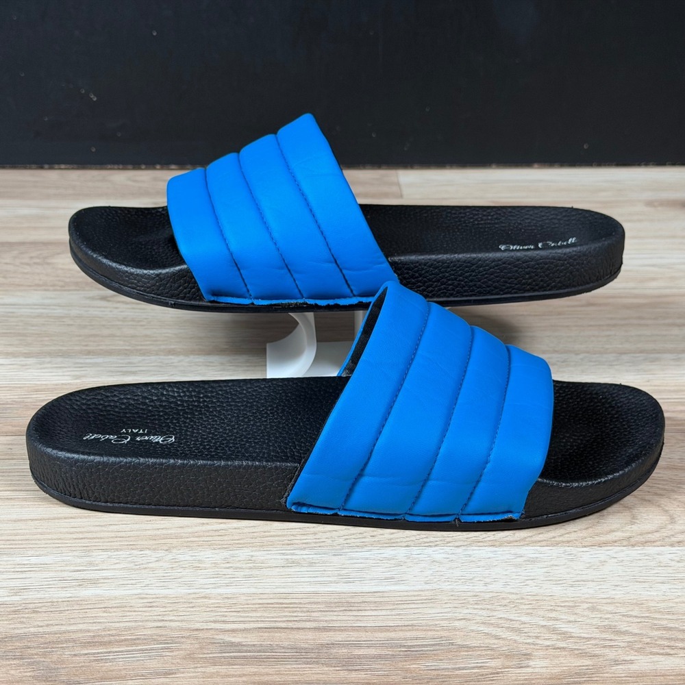Oliver Cabell Slides Mens 9 Blue Black Sandals Vegan Quilted Puffer Strap Italy
